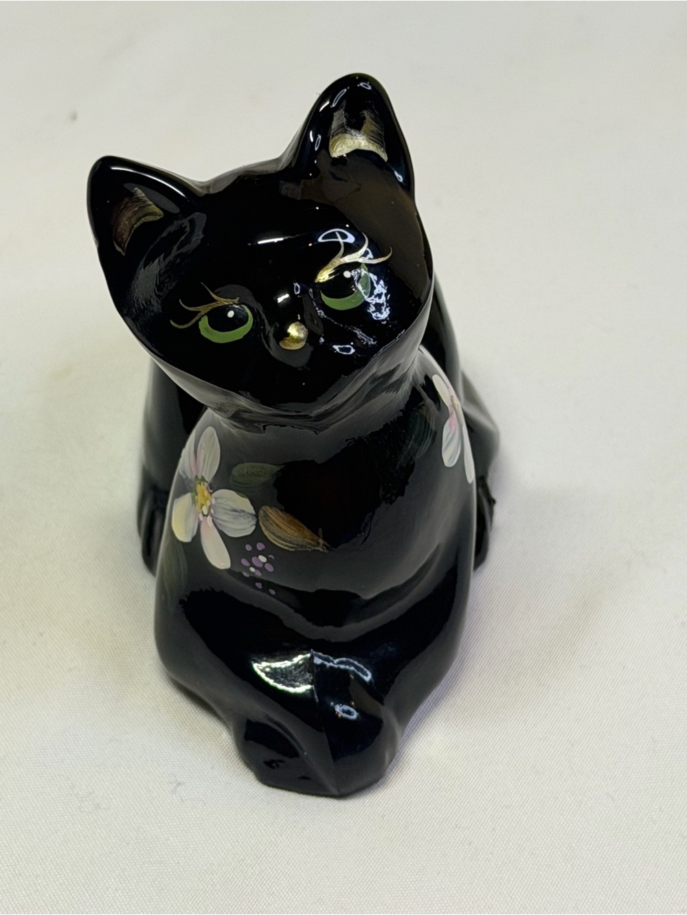 Lenox Black Ceramic Cat with Green Eyes and Gold Accents